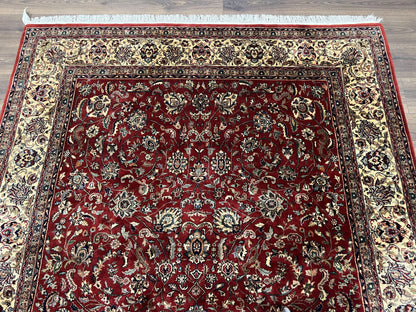 Vintage Indo Persian Rug 6x9, Very Finely Hand-Knotted Carpet 6 x 9 Red Cream Indian Oriental Carpet, Traditional Floral Wool Area Rug 1970s