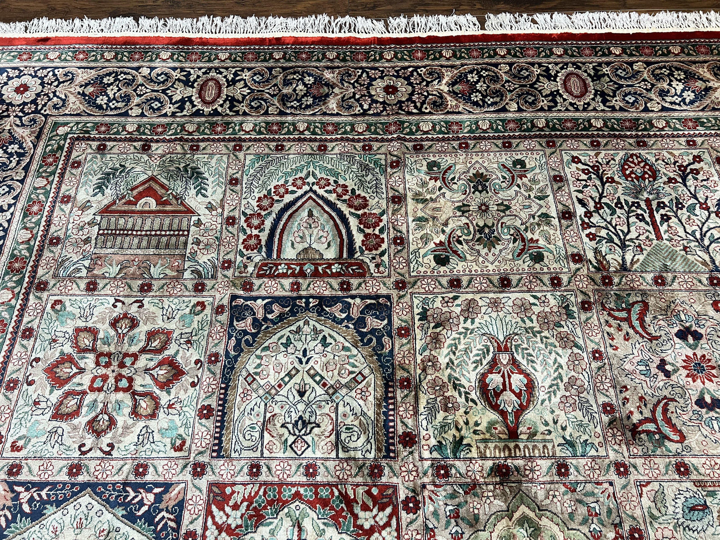 Silk Sino Persian Rug 9x12, Panel Design, Garden of Eden Pattern, Fine 200 KPSI, Hand Knotted Room Sized Silk Carpet, Vintage