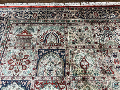 Silk Sino Persian Rug 9x12, Panel Design, Garden of Eden Pattern, Fine 200 KPSI, Hand Knotted Room Sized Silk Carpet, Vintage