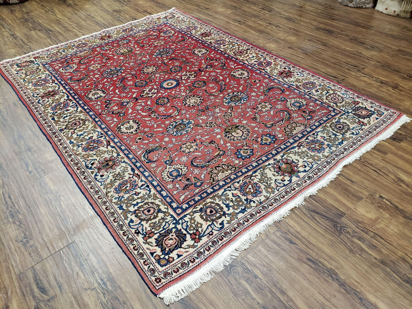 Semi Antique Persian Kashan, Red & Cream, Hand-Knotted, Wool, 4' 8" x 6' 6", Pair A