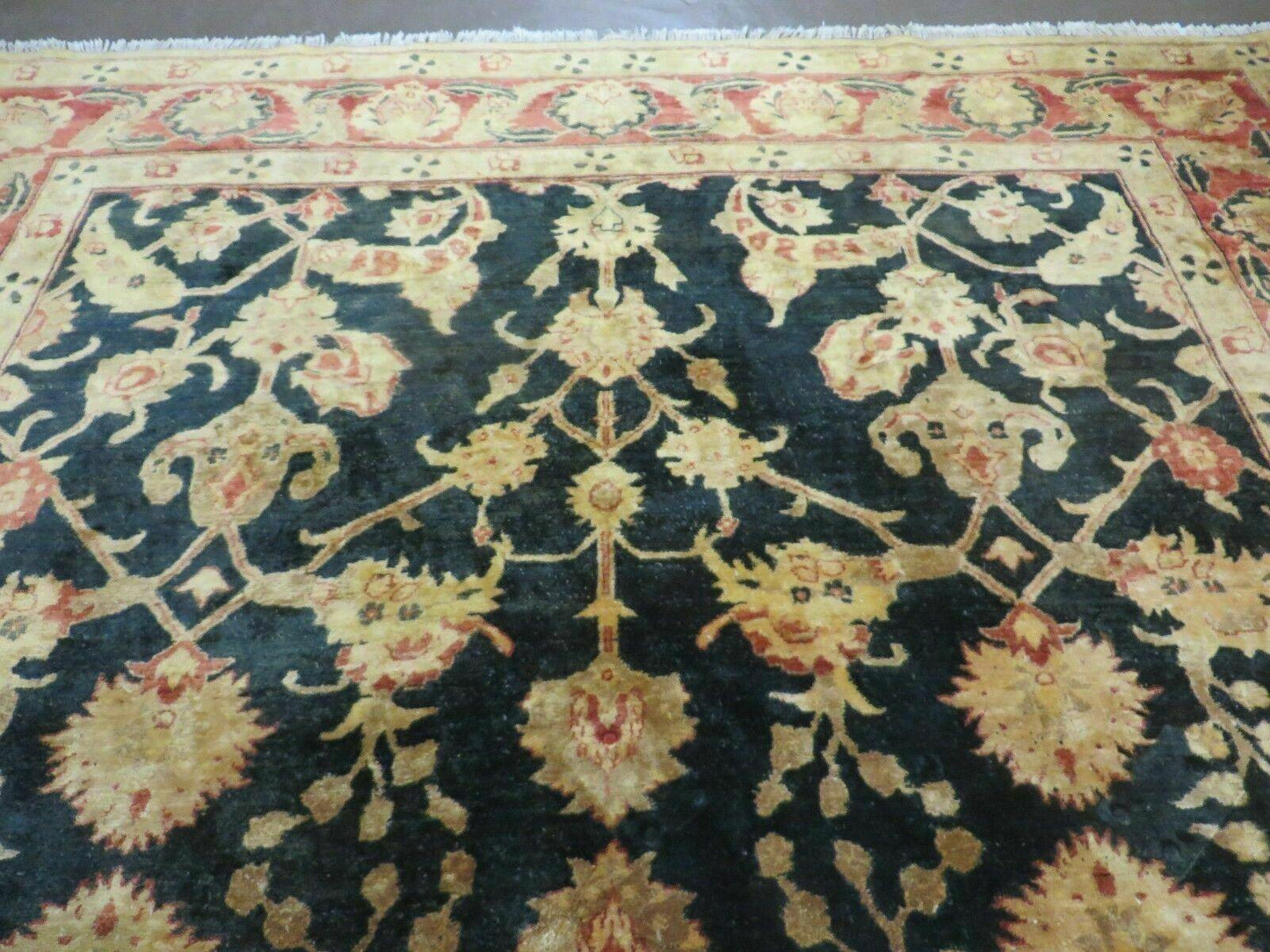 Handmade Pakistan Wool Rug 8x9 Peshawar Black Floral Design Cotton Blend