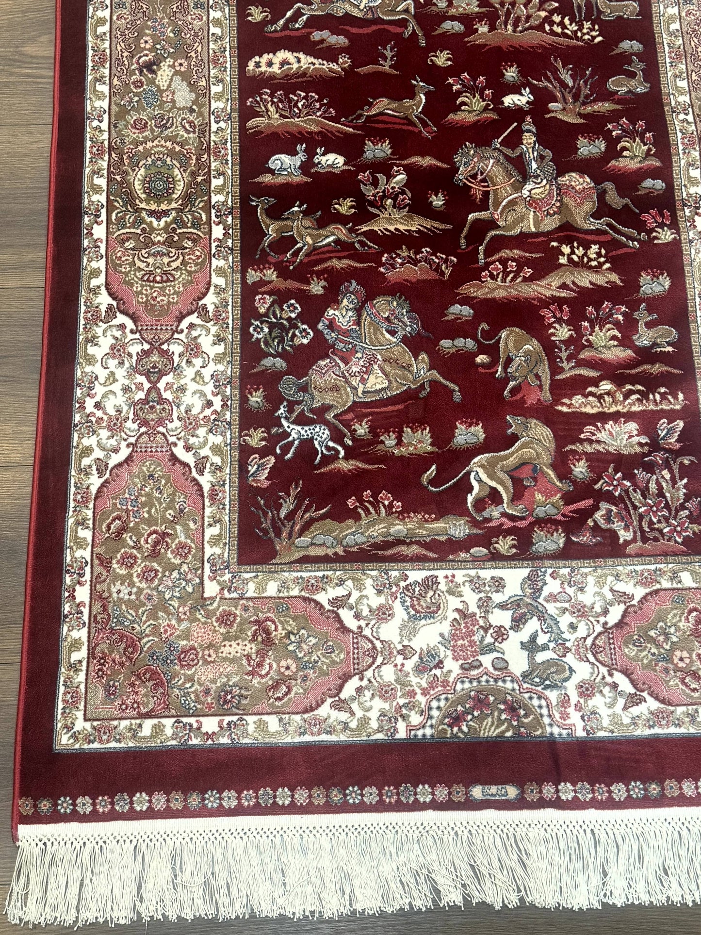 Turkish Silk Rug 3x5 Hunting Design Dark Red Ivory Bamboo Silk Area Rug