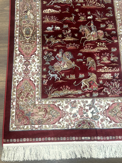 Turkish Silk Rug 3x5 Hunting Design Dark Red Ivory Bamboo Silk Area Rug