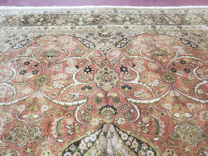 Indo Persian Rug 8x10, Vintage Indian Rug 8 x 10, Fine Hand-Knotted Wool Rug, Rose Clay Red Beige Brown Handmade Area Rug, Floral Medallion