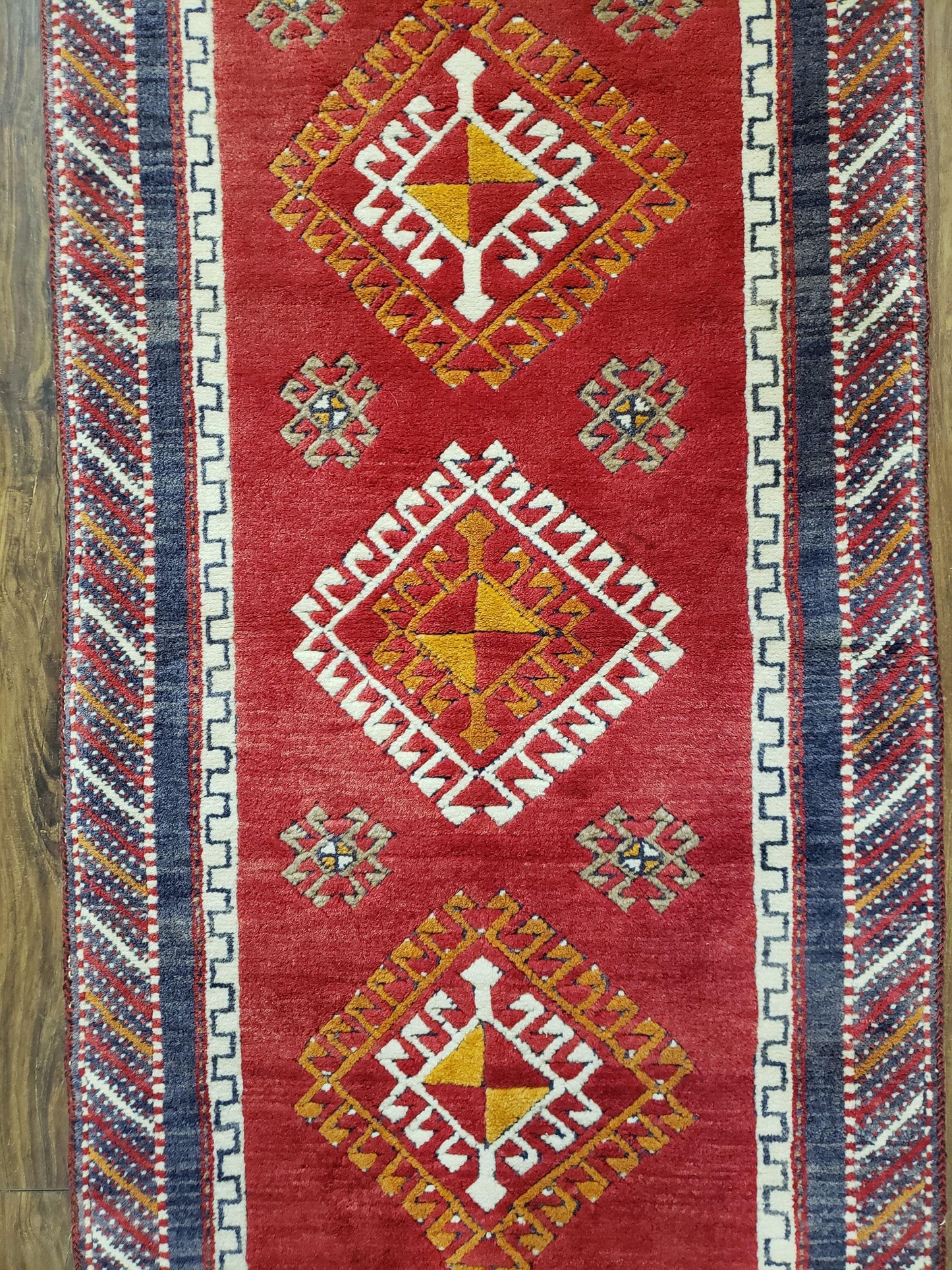 Vintage Turkish Kazak Rug 2.5 by 5 Red Wool Runner With Medallions Geometric Pattern