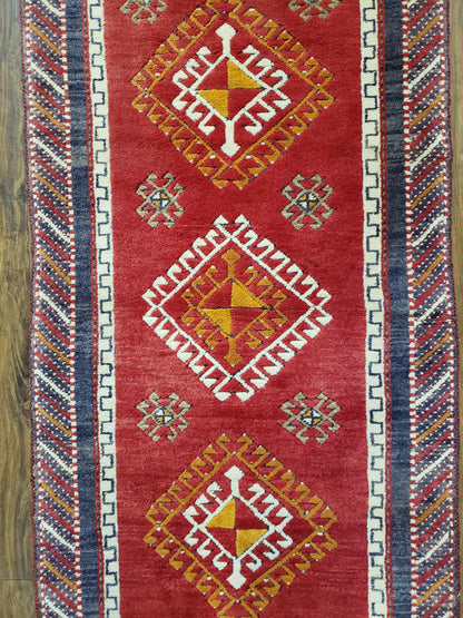 Vintage Turkish Kazak Rug 2.5 by 5 Red Wool Runner With Medallions Geometric Pattern