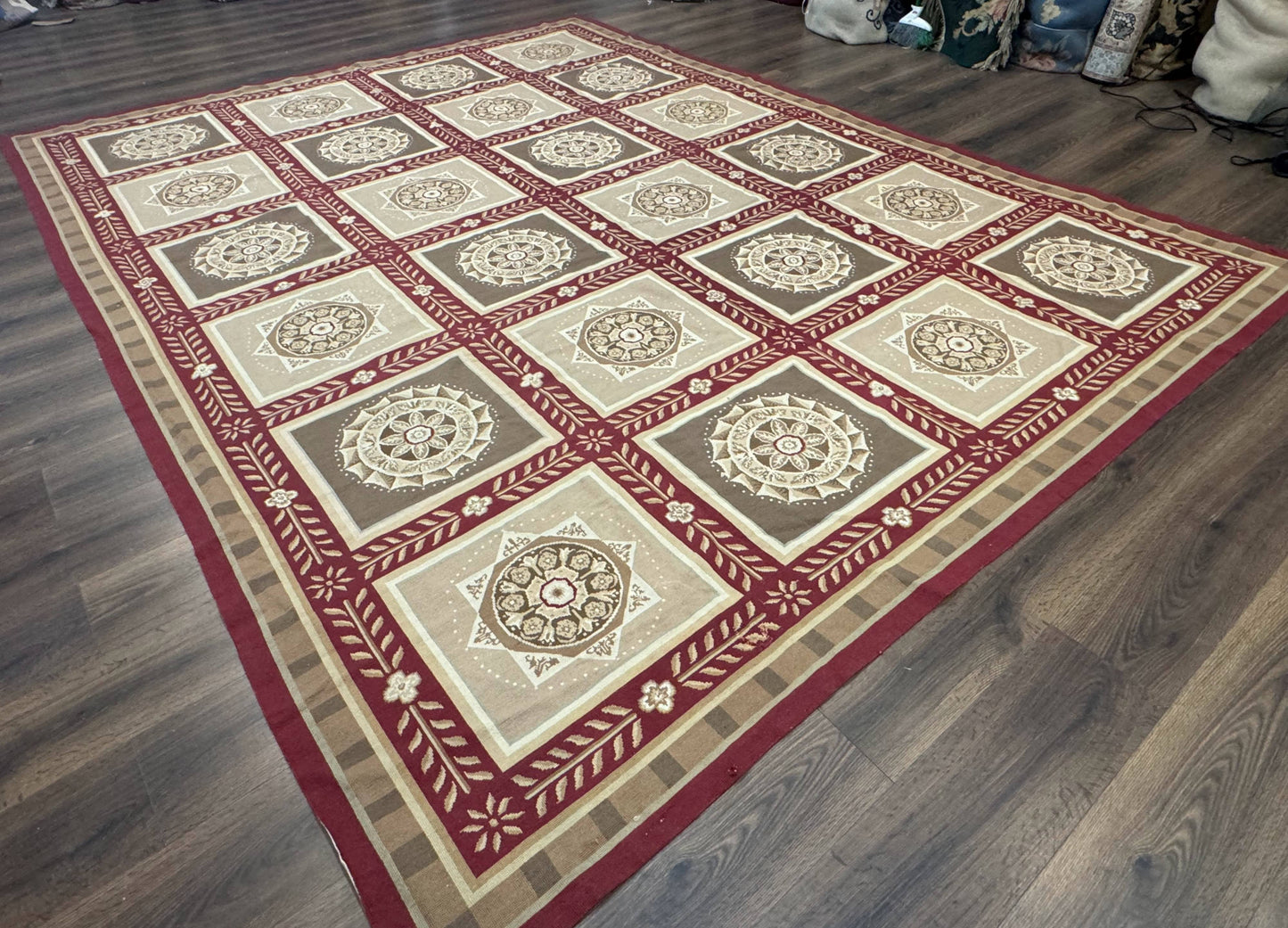 Needlepoint Rug 9x12, Panel Design, Burgundy Taupe, Elegant