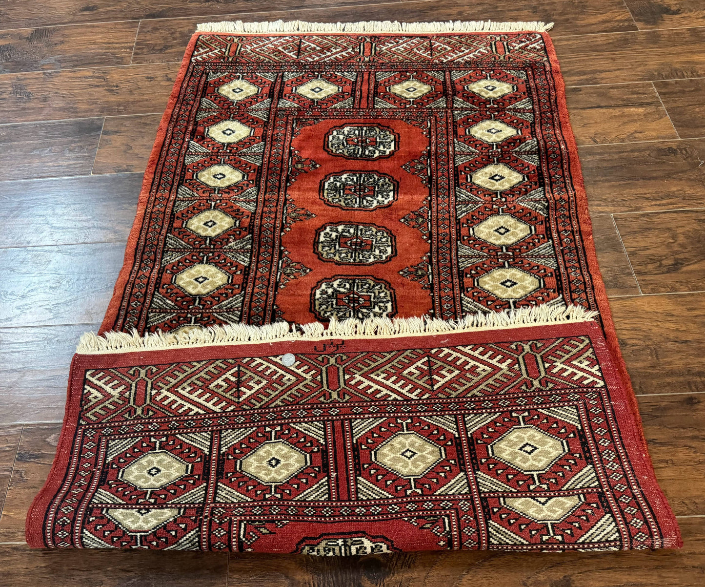 Red Pakistani Turkoman Bokhara Rug 3x5 Vintage Hand Knotted Signed