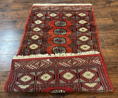 Red Pakistani Turkoman Bokhara Rug 3x5 Vintage Hand Knotted Signed