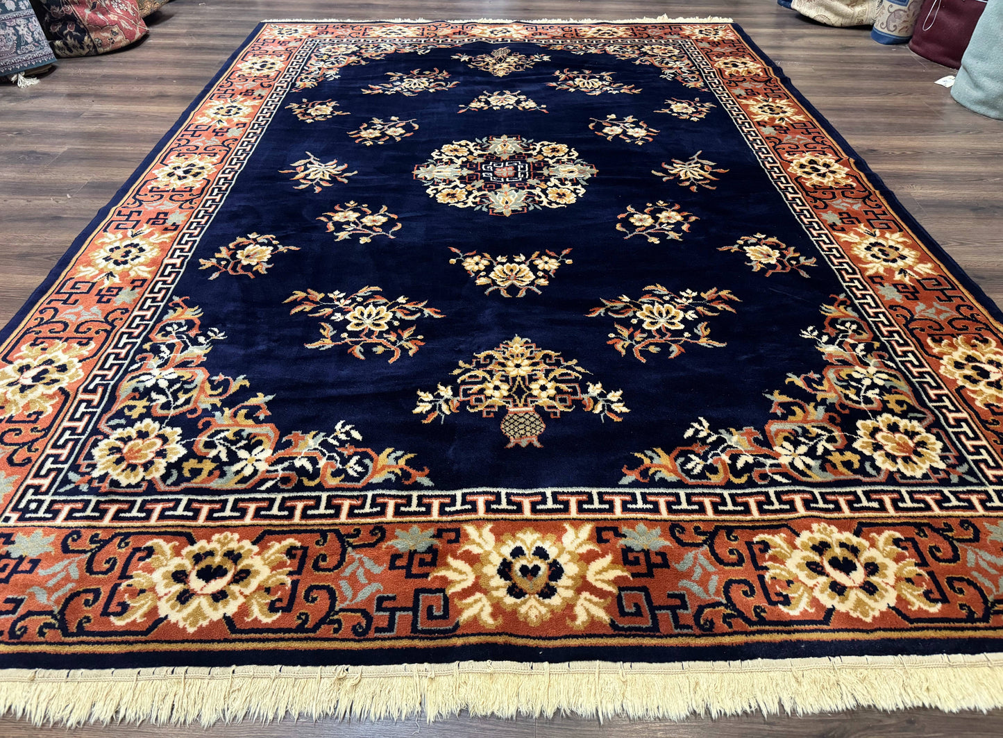 Vintage Chinese Wool Rug 8x11 in Navy Blue and Terracotta Floral Design, Couristan Power-Loomed