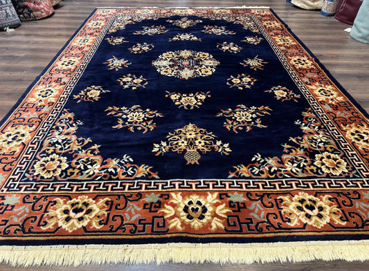 Vintage Chinese Wool Rug 8x11 in Navy Blue and Terracotta Floral Design, Couristan Power-Loomed