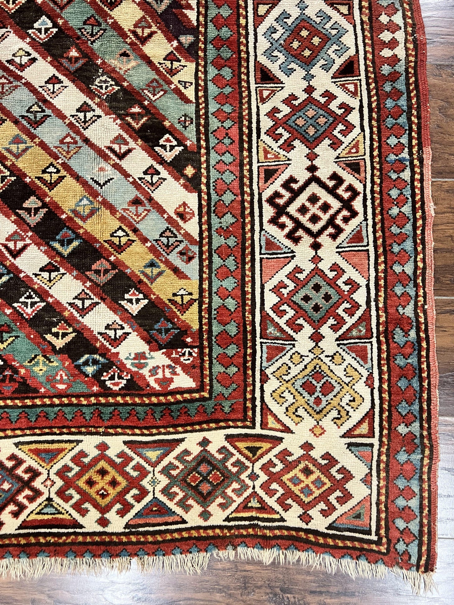 Caucasian Kazak Runner Rug 3.6 x 8, Wool Hand Knotted Antique 1880s Carpet, Ivory & Multicolor Stripes Oriental Runner Rug, Hallway Rug