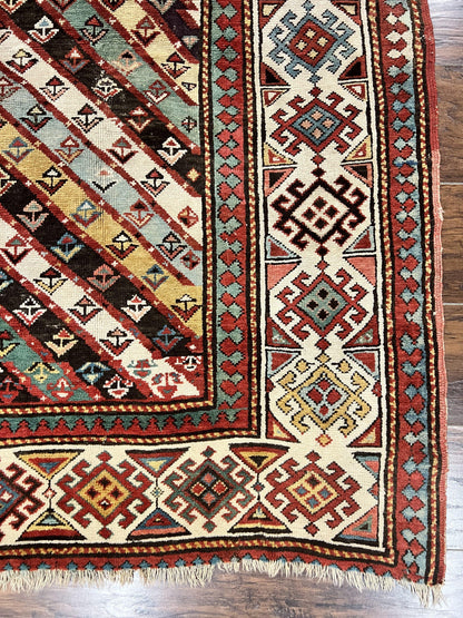 Caucasian Kazak Runner Rug 3.6 x 8, Wool Hand Knotted Antique 1880s Carpet, Ivory & Multicolor Stripes Oriental Runner Rug, Hallway Rug