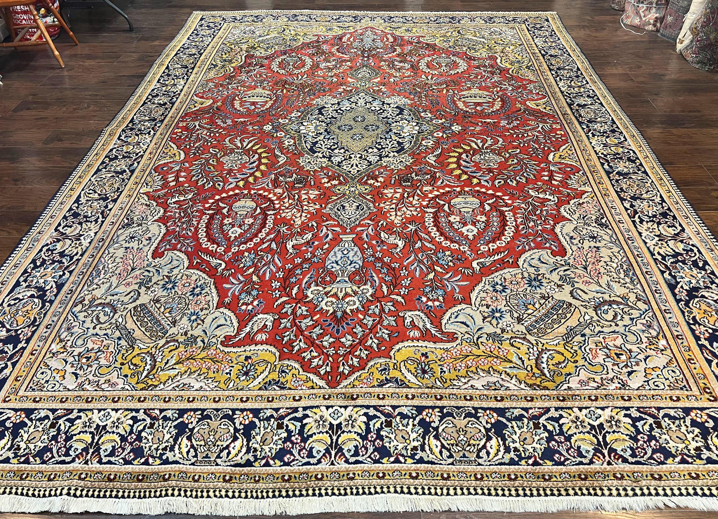 Persian Qum Rug 10x14 Hand Knotted Wool Silk Highlights Red Floral Semi Antique Vintage