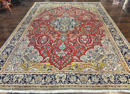 Persian Qum Rug 10x14 Hand Knotted Wool Silk Highlights Red Floral Semi Antique Vintage