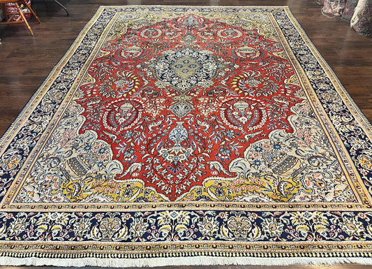 Persian Qum Rug 10x14 Hand Knotted Wool Silk Highlights Red Floral Semi Antique Vintage