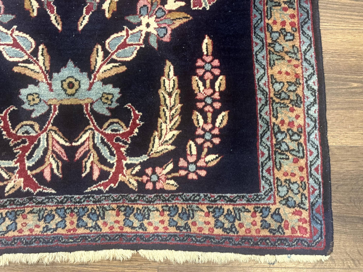 Persian Kerman Rug Antique Navy Blue Floral 2 Ft 8 In By 4 Ft Hand Woven