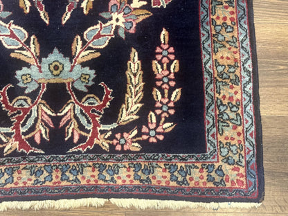 Persian Kerman Rug Antique Navy Blue Floral 2 Ft 8 In By 4 Ft Hand Woven