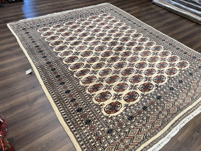 Pakistani Bokhara Rug 8x10, Traditional Turkoman Tribal Carpet, Allover Repeated Elephant Foot Motif, Ivory/Cream Black Red, Vintage Handmade