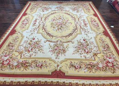 Aubusson Rug 9x12 Handmade Wool Flatweave Savonnerie Carpet Ivory and Red