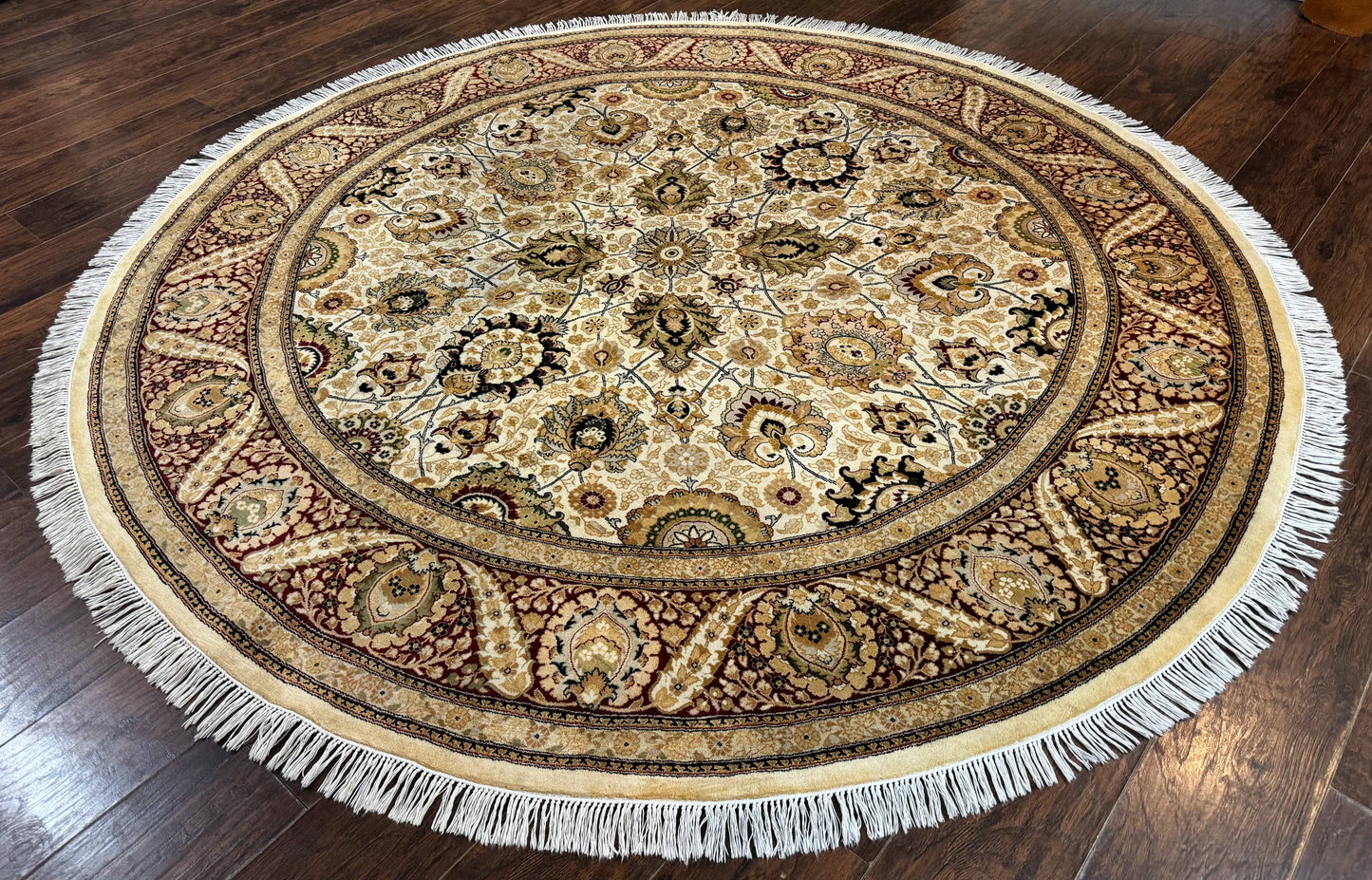 Round Pak Persian Rug 8x8, Vintage Handmade Wool Traditional Carpet, Beige Dark Red, Fine 270 KPSI