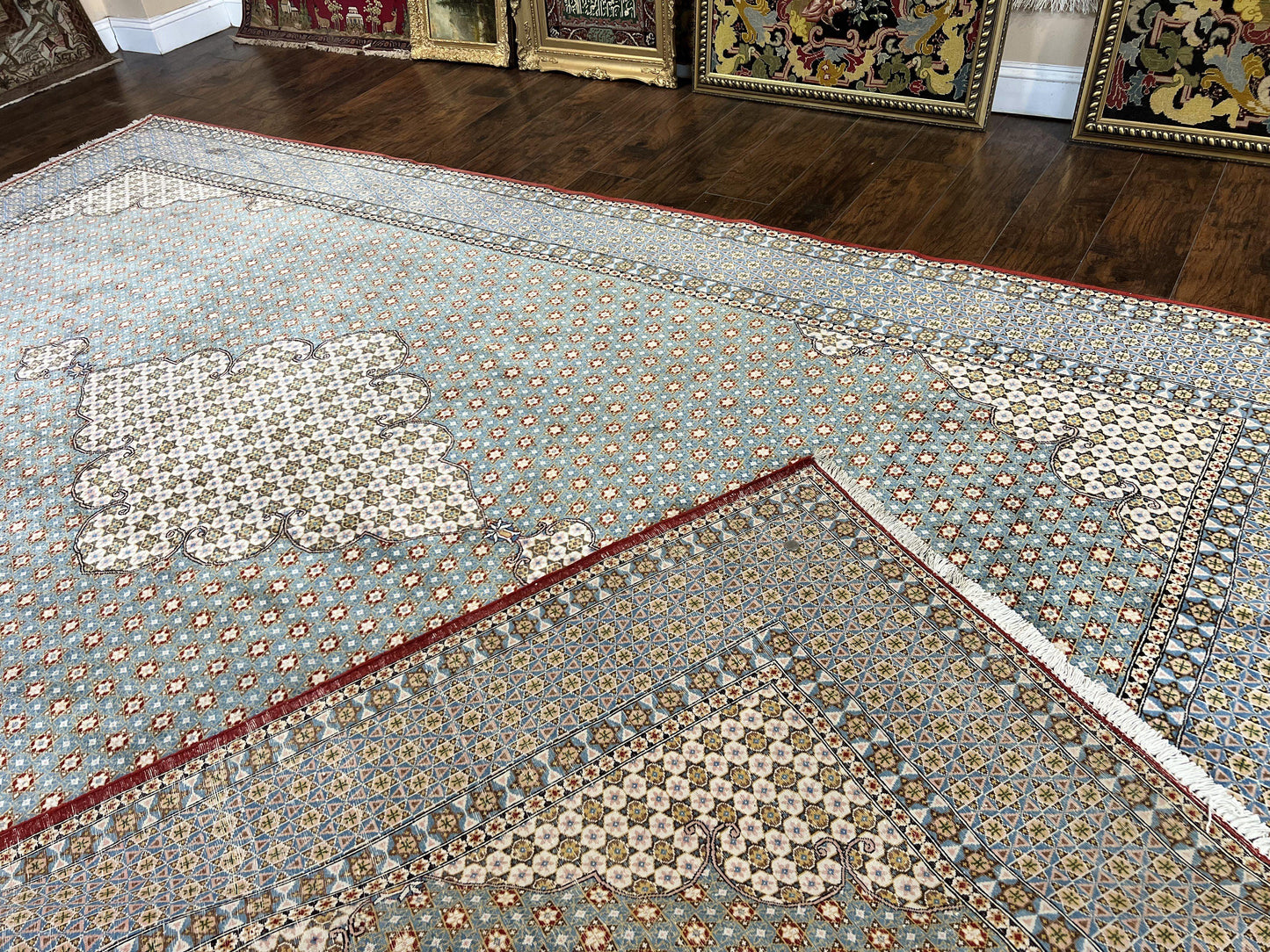 Rare Persian Rug 8x12, Qum Rug, Repeated Star Motifs, Blue and Ivory, Fine 300 KPSI, Hand Knotted Handmade Vintage Wool Rug