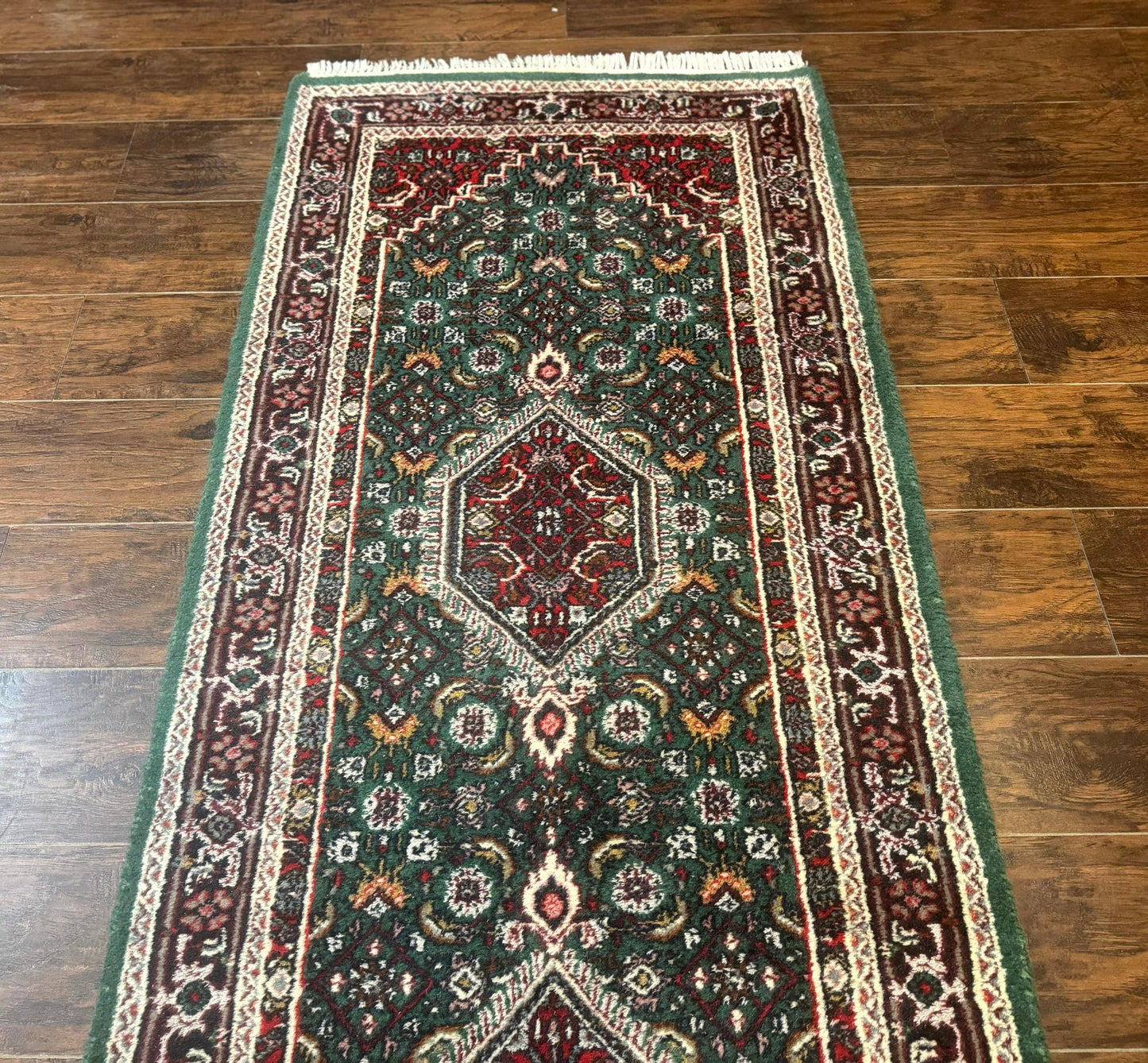 Green Indo Persian Bidjar Runner Rug 3x10, Green and Red