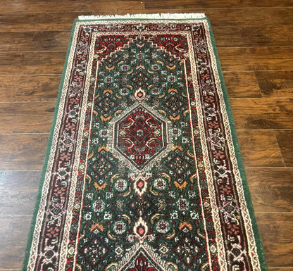 Green Indo Persian Bidjar Runner Rug 3x10, Green and Red