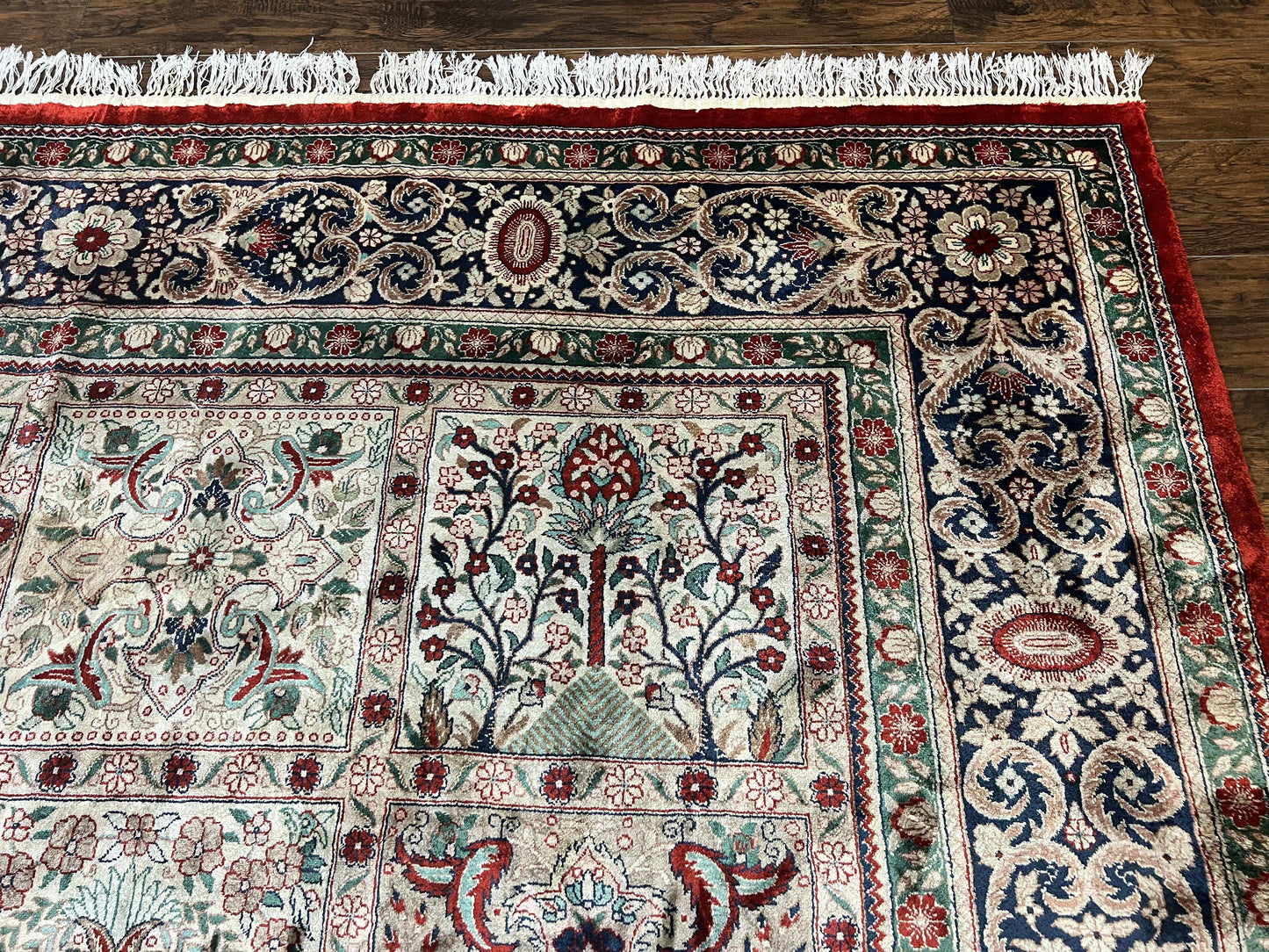 Silk Sino Persian Rug 9x12, Panel Design, Garden of Eden Pattern, Fine 200 KPSI, Hand Knotted Room Sized Silk Carpet, Vintage