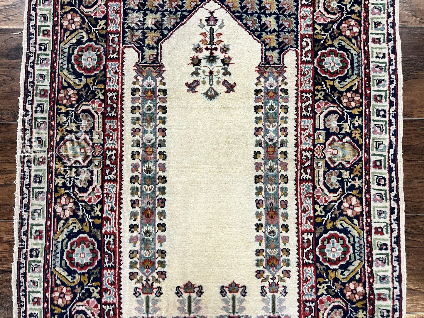 Turkish Prayer Rug Two Point Five By Four Vintage Wool Hand Knotted Ivory Carpet
