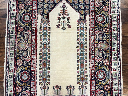 Turkish Prayer Rug Two Point Five By Four Vintage Wool Hand Knotted Ivory Carpet