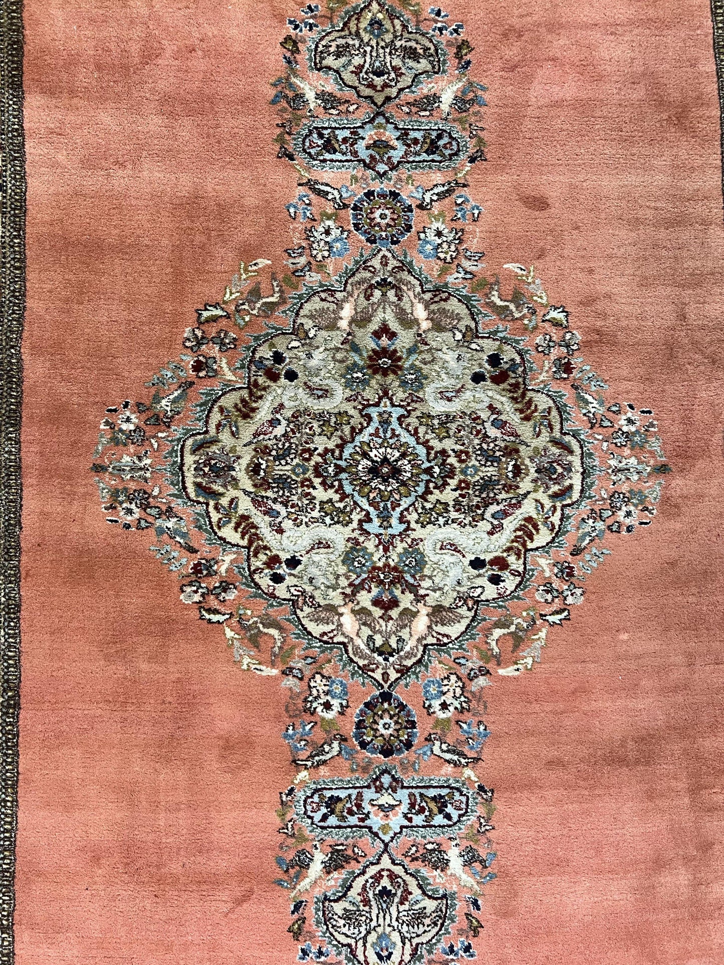 Persian Tabriz Rug 10x13, Wool Hand Knotted Vintage Carpet, Salmon Red & Ivory, Semi Open Field, Birds & Animal Motifs, Large Rug