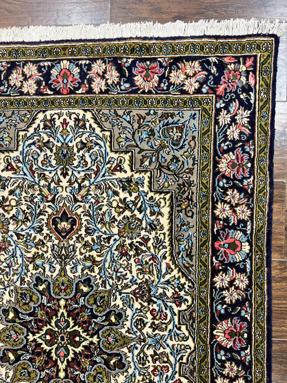 Persian Qum Rug 3x5, Wool with Silk Highlights, Handmade Semi Antique Carpet, Ivory & Navy Blue, Floral Medallion, Finely Hand Knotted