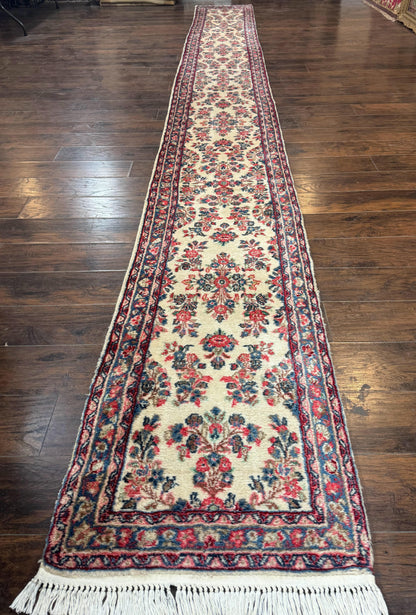 Persian Sarouk Runner Rug Handmade Wool Floral Hallway Ivory