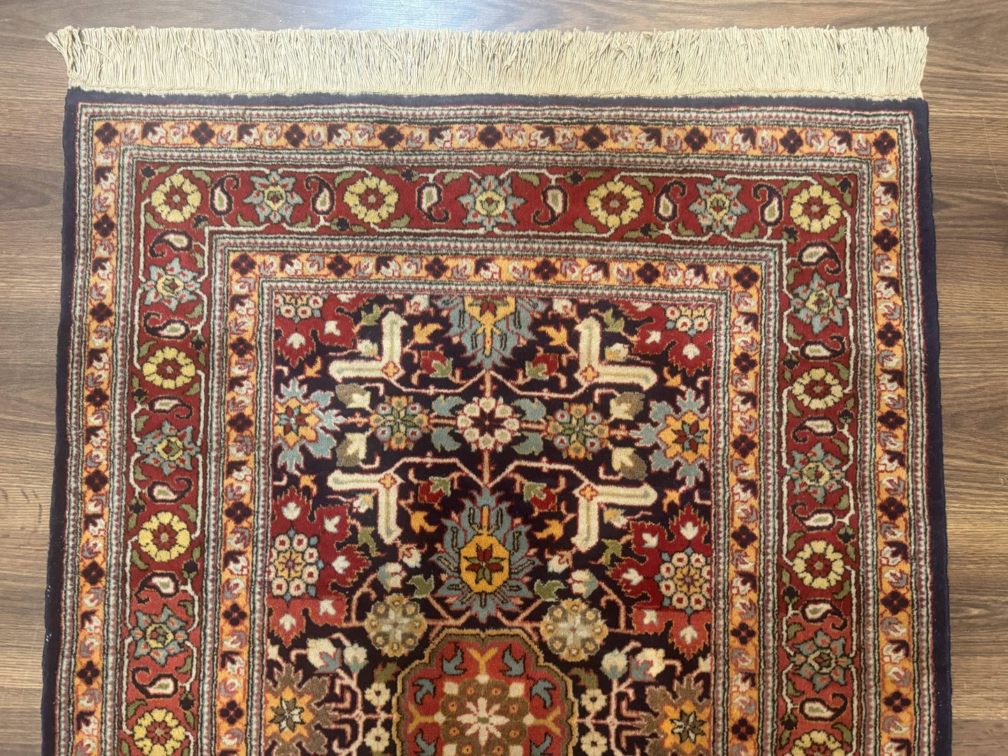 Turkish Hereke Rug 3x5 Hand Knotted Wool Vintage Navy Blue Red 210 KPSI