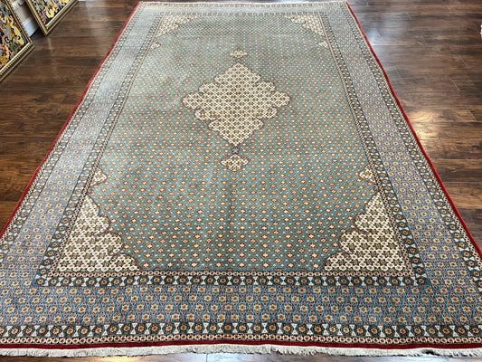 Rare Persian Rug 8x12, Qum Rug, Repeated Star Motifs, Blue and Ivory, Fine 300 KPSI, Hand Knotted Handmade Vintage Wool Rug