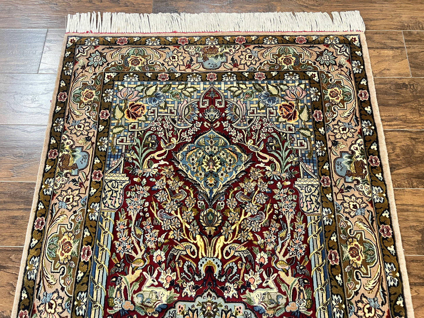 Marvelous Persian Isfahan Rug 3.7 x 5.6, Tree of Life and Animal Pictorials, Handmade Vintage Super Fine 600 KPSI, Kork Wool  Silk Highlights, Rare