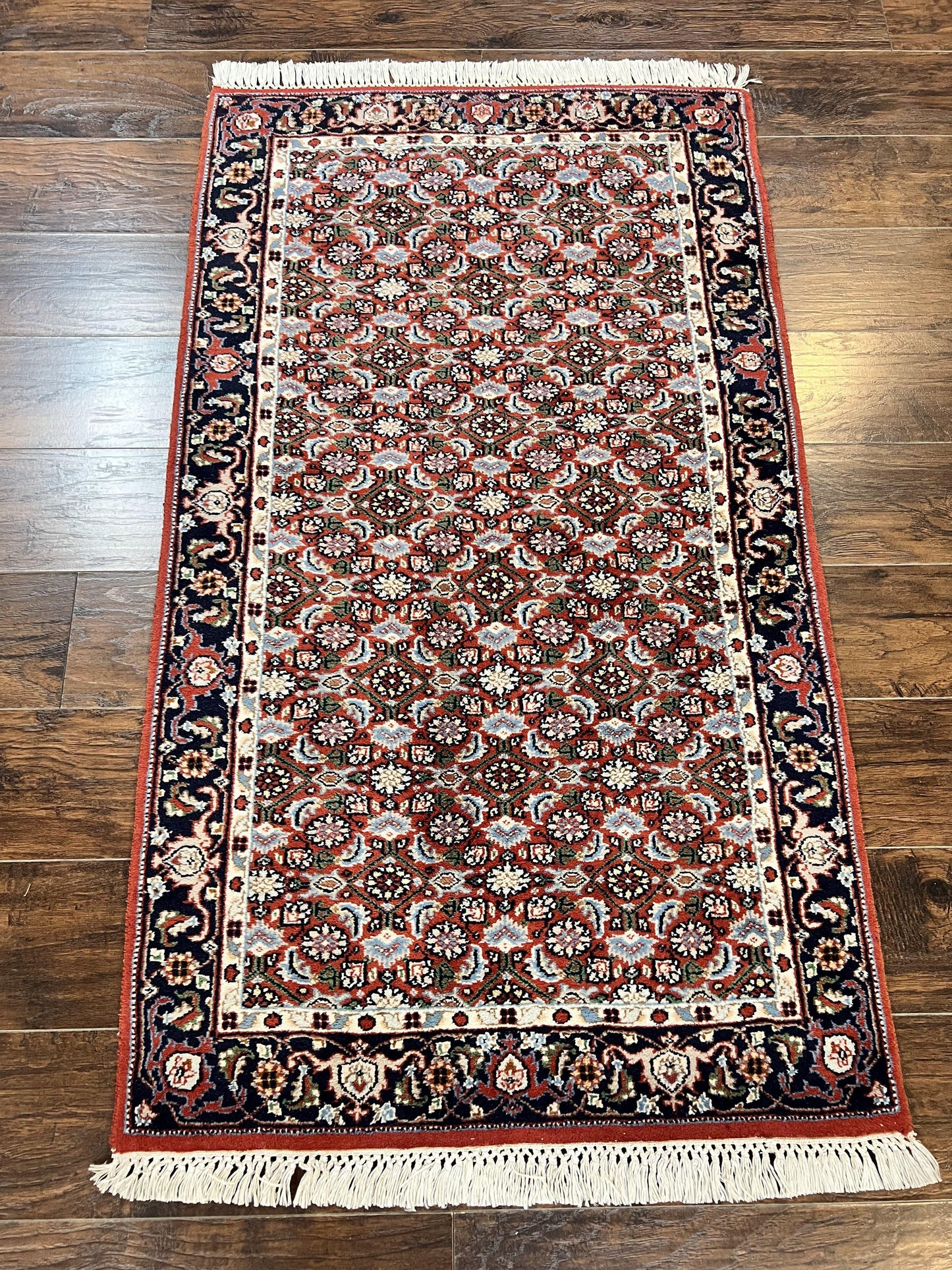 Indo Persian Rug 3x5, Red and Navy Blue, Wool Vintage Handmade Small Carpet 3 x 5 ft, Herati Pattern, Bidjar Rug