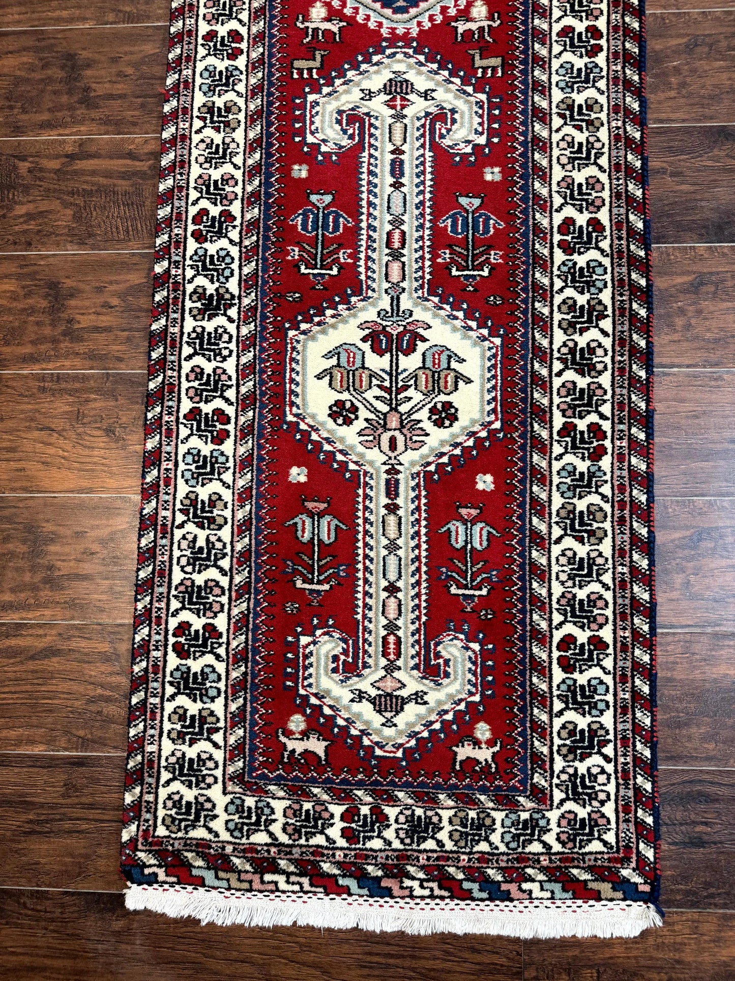 Indo Persian Runner Rug 2.6 x 12, Heriz Geometric Caucasian Design, Animal Pictorials, Tribal Runner Rug, Vintage Handmade Wool Red