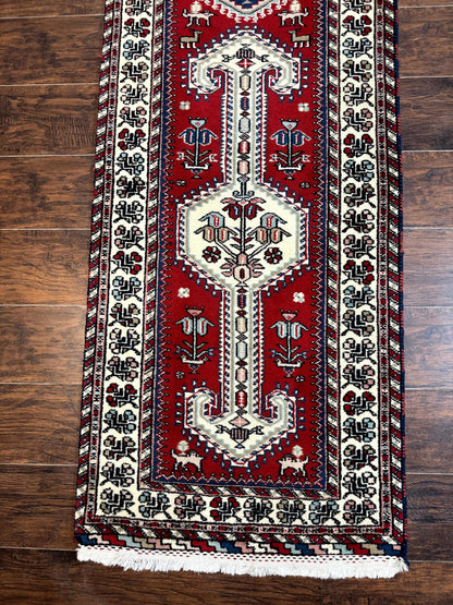 Indo Persian Runner Rug 2.6 x 12, Heriz Geometric Caucasian Design, Animal Pictorials, Tribal Runner Rug, Vintage Handmade Wool Red