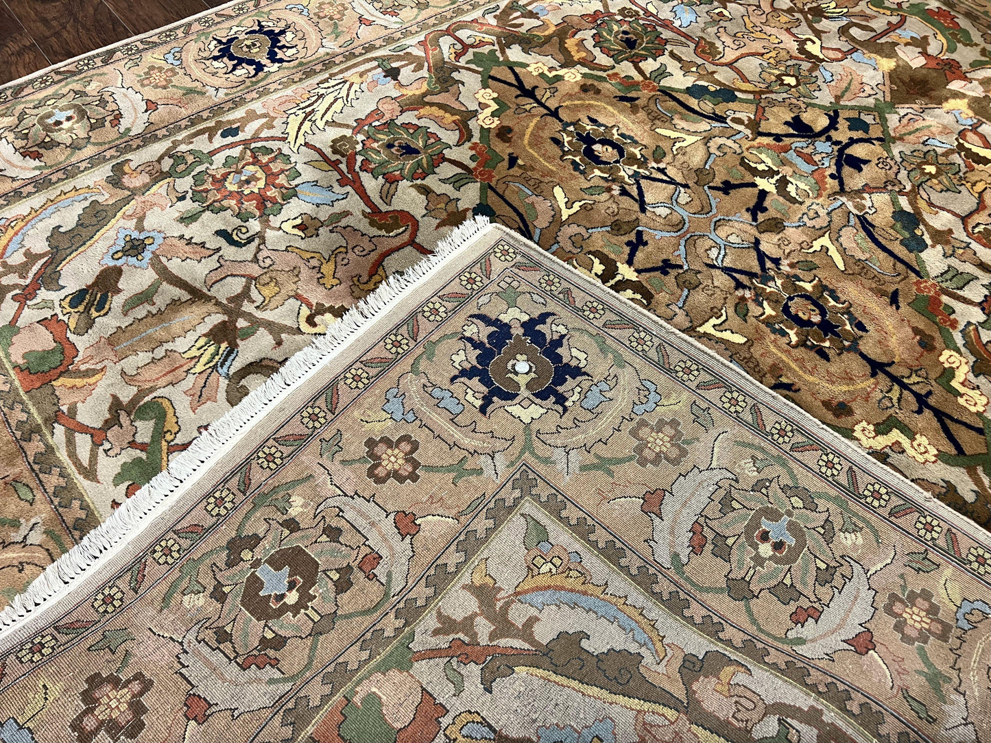 Indian Agra Rug 8x10, Wool Vintage Handmade Carpet, Gray Brown