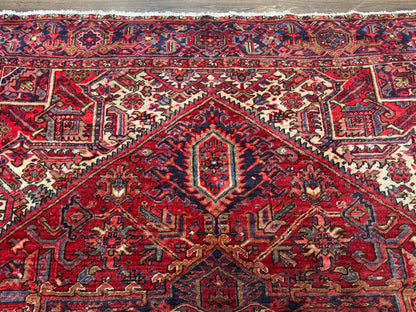 Persian Heriz Rug 7x10, Geometric Pattern, Red Ivory Navy Blue