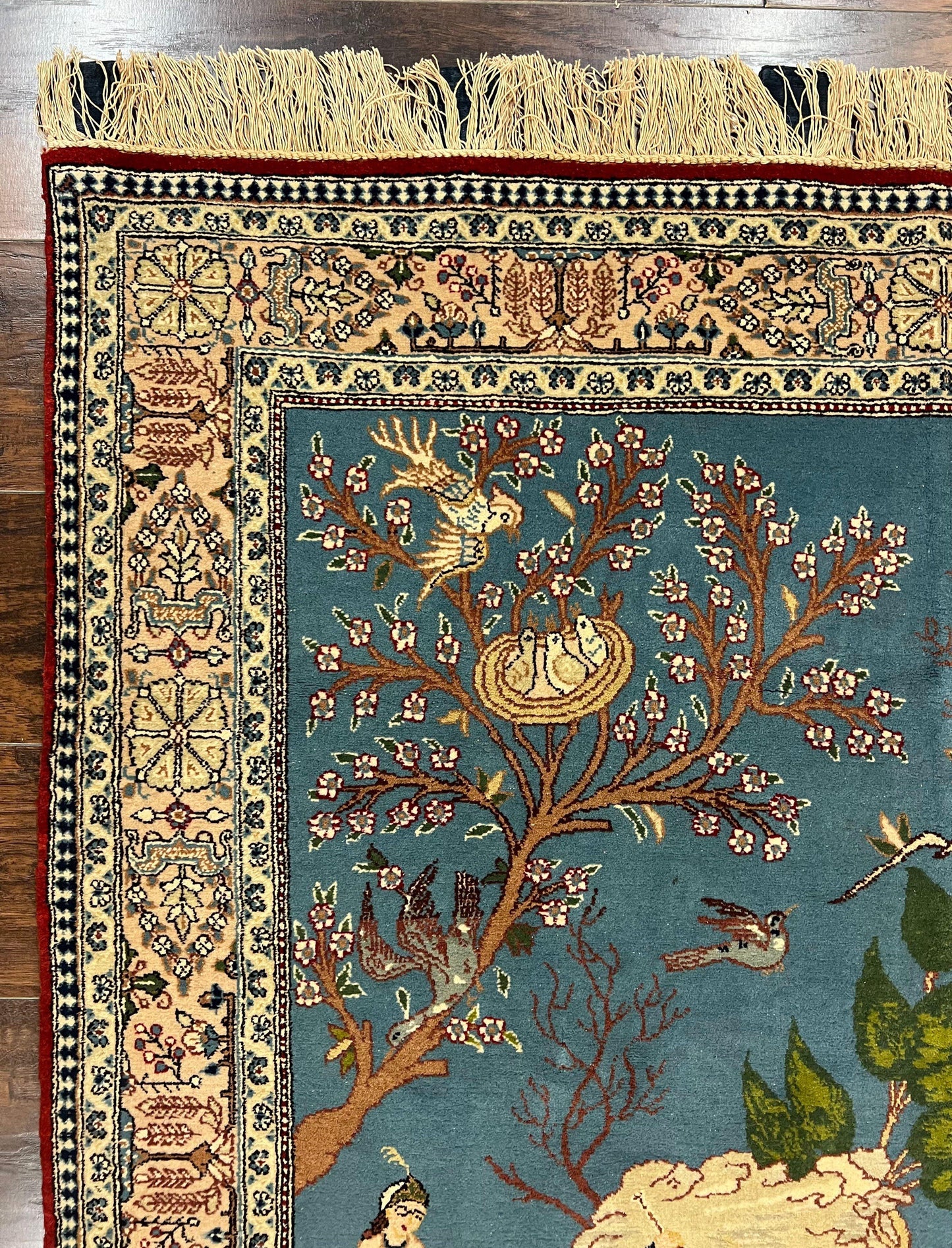 Persian Qum Pictorial Rug Vintage 5x7 Hand Knotted Wool and Silk