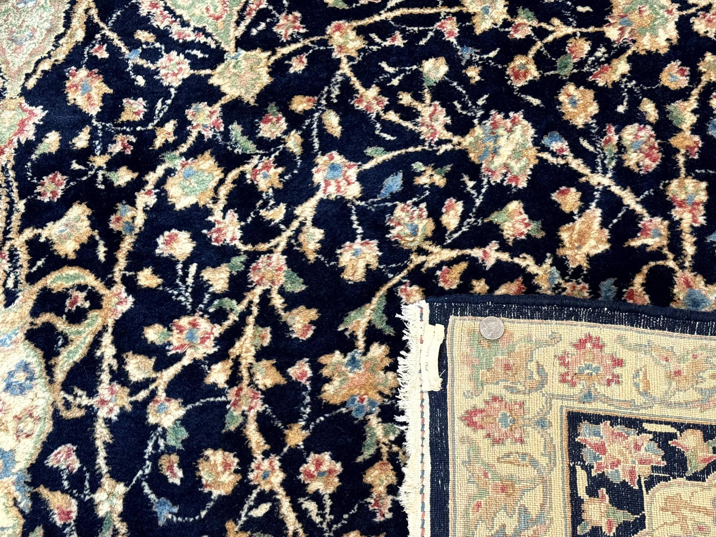 Persian Kerman Rug 10x14 Navy Blue Beige Floral Medallion Traditional Carpet Signed by Masterweaver