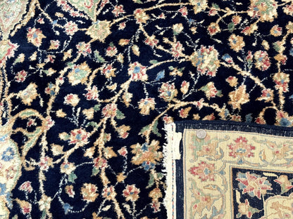 Persian Kerman Rug 10x14 Navy Blue Beige Floral Medallion Traditional Carpet Signed by Masterweaver