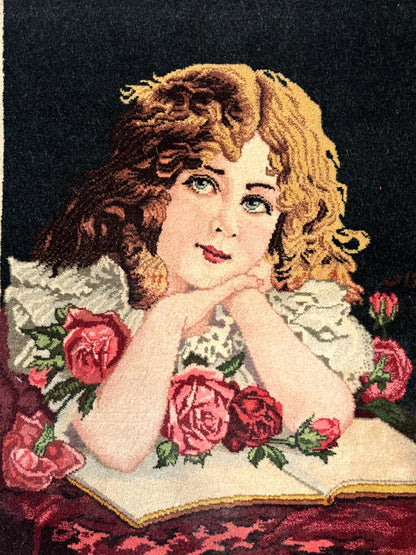 Persian Pictorial Rug Small Tabriz With Roses Portrait Of A Young Lady Handmade Wall Hanging