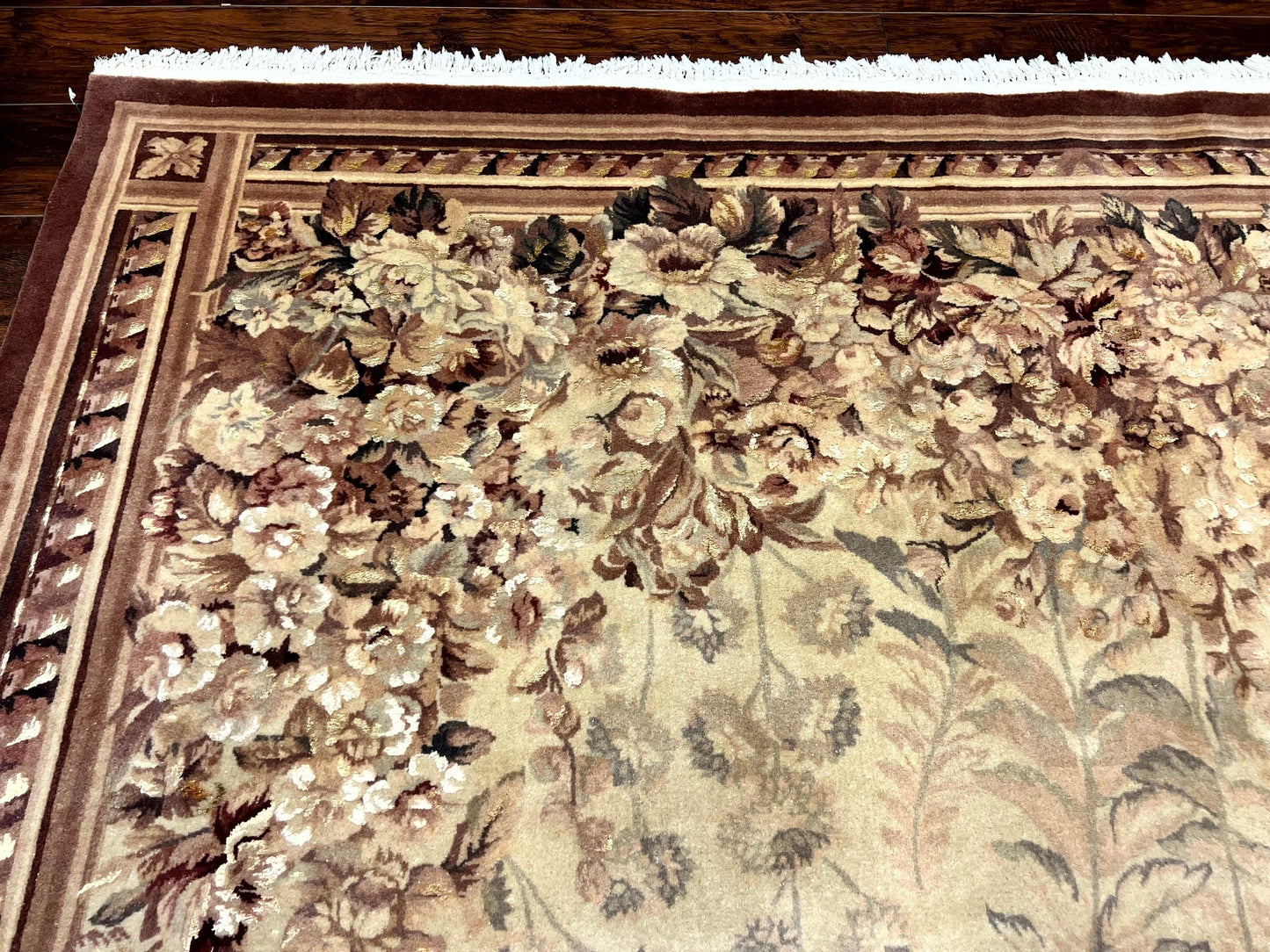 Aubusson Wool Rug 9x11 With Silk Highlights European Vintage Handmade Floral Design