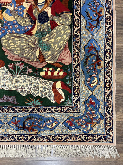 Fine Persian Isfahan Pictorial Rug 3.7 x 5, Kork Wool on Silk Foundation, Blue Persian Carpet, Hand Knotted, Humans Birds, High KPSI, Semi Antique