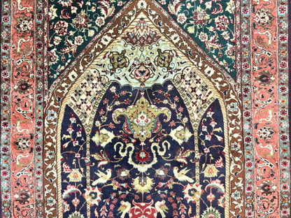Persian Tabriz Rug 3x4, Navy Blue, Birds, Floral, Prayer Rug, Handmade Wool Rug, Finely Hand Knotted 325 KPSI
