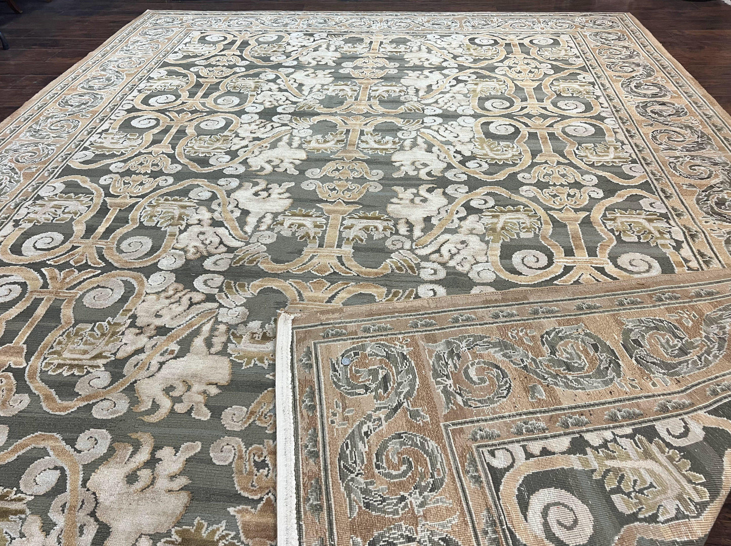 Spanish Wool Rug 11x14 Hand Knotted Vintage Floral Olive Green Beige European Design